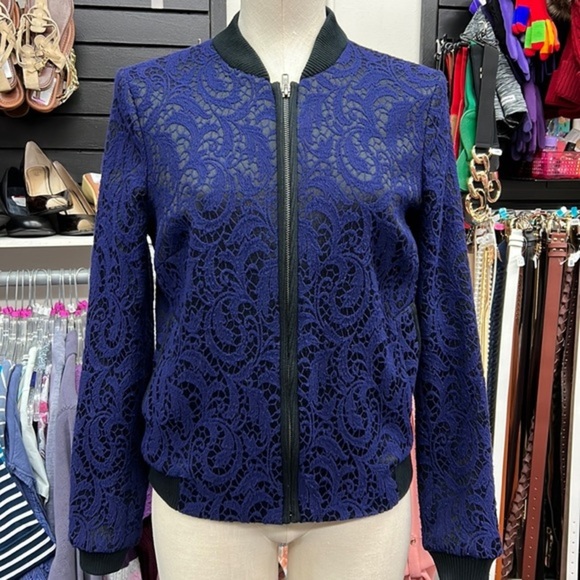 Helene Berman London Blue lace zip up bomber jacket size S - Picture 1 of 3